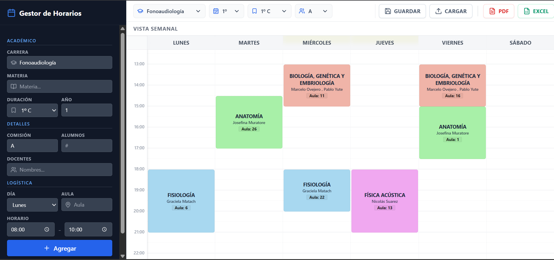 Vista previa del Gestor de Horarios